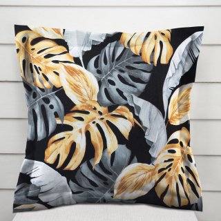 Bavlnená obliečka na vankúš s lemom Sandra SA-228 Sivé a zlaté tropické listy na čiernom - Biante.sk