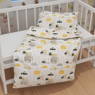 Dětské bavlněné povlečení do postýlky Sandra SA-672 Žlutá a šedohnědá auta ve městě na bílém - detail 1 - Biante.cz