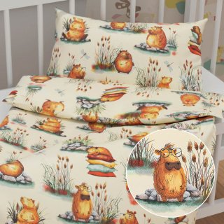 Detské bavlnené posteľné obliečky do postieľky Sandra SA-710 Kapybary na krémovom - Biante.sk