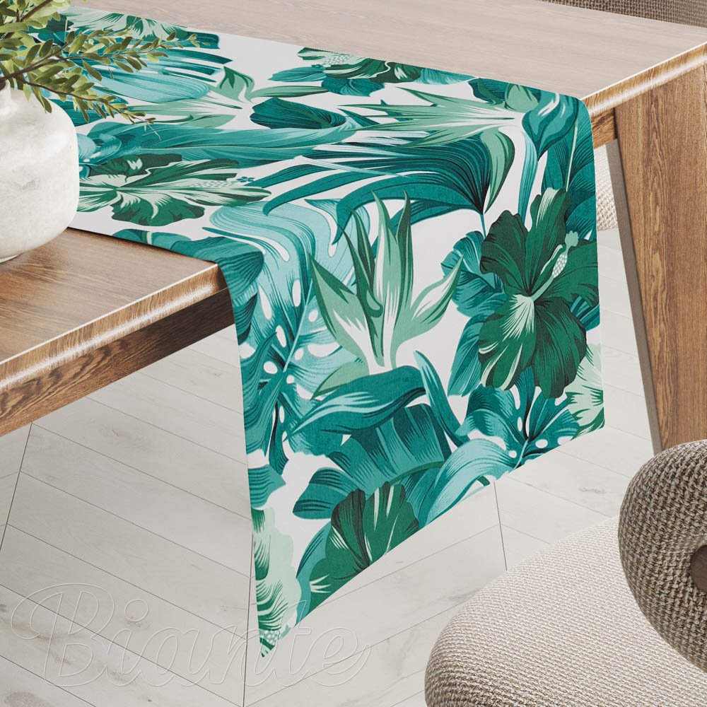 Bavlněný běhoun na stůl Sandra SA-484 Modro-zelené květy a listy monstery na bílém - Biante.cz