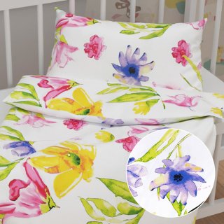 Dětské bavlněné povlečení do postýlky Sandra SA-481 Žluto-růžové akvarelové květy na bílém - Biante.cz