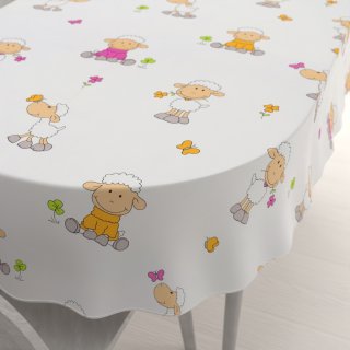 Dětský bavlněný oválný ubrus Sandra SA-728 Veselé ovečky na bílém - Biante.cz