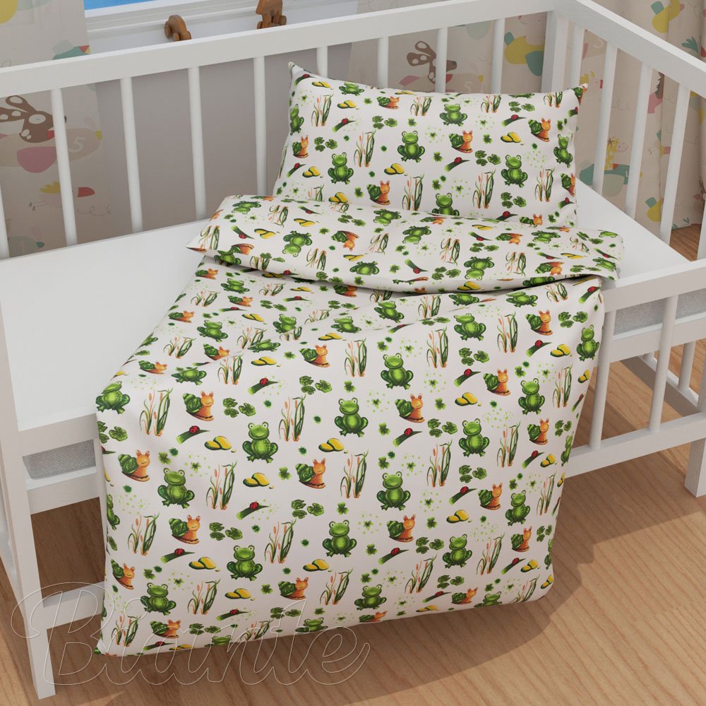 Detské bavlnené posteľné obliečky do postieľky Sandra SA-609 Žabky a slimáky na bielom - detail 1 - Biante.sk