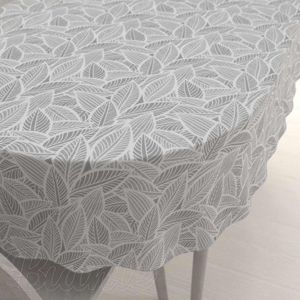 Dekorační oválný ubrus Leona LN-169 Bílé listy na šedém - Biante.cz