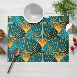 Bavlnené prestieranie na stôl Sandra SA-575 Oranžové vejáre na zeleno-tyrkysovom - Biante.sk