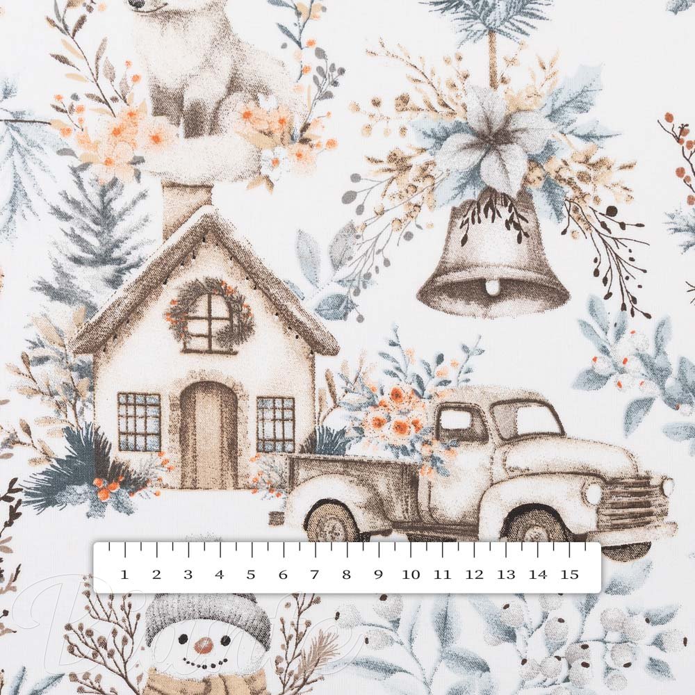 Bavlněná látka/plátno Sandra SA-708 Zimní pohádka modro-šedo-hnědá na bílém - šířka 160 cm - detail 3 - Biante.cz