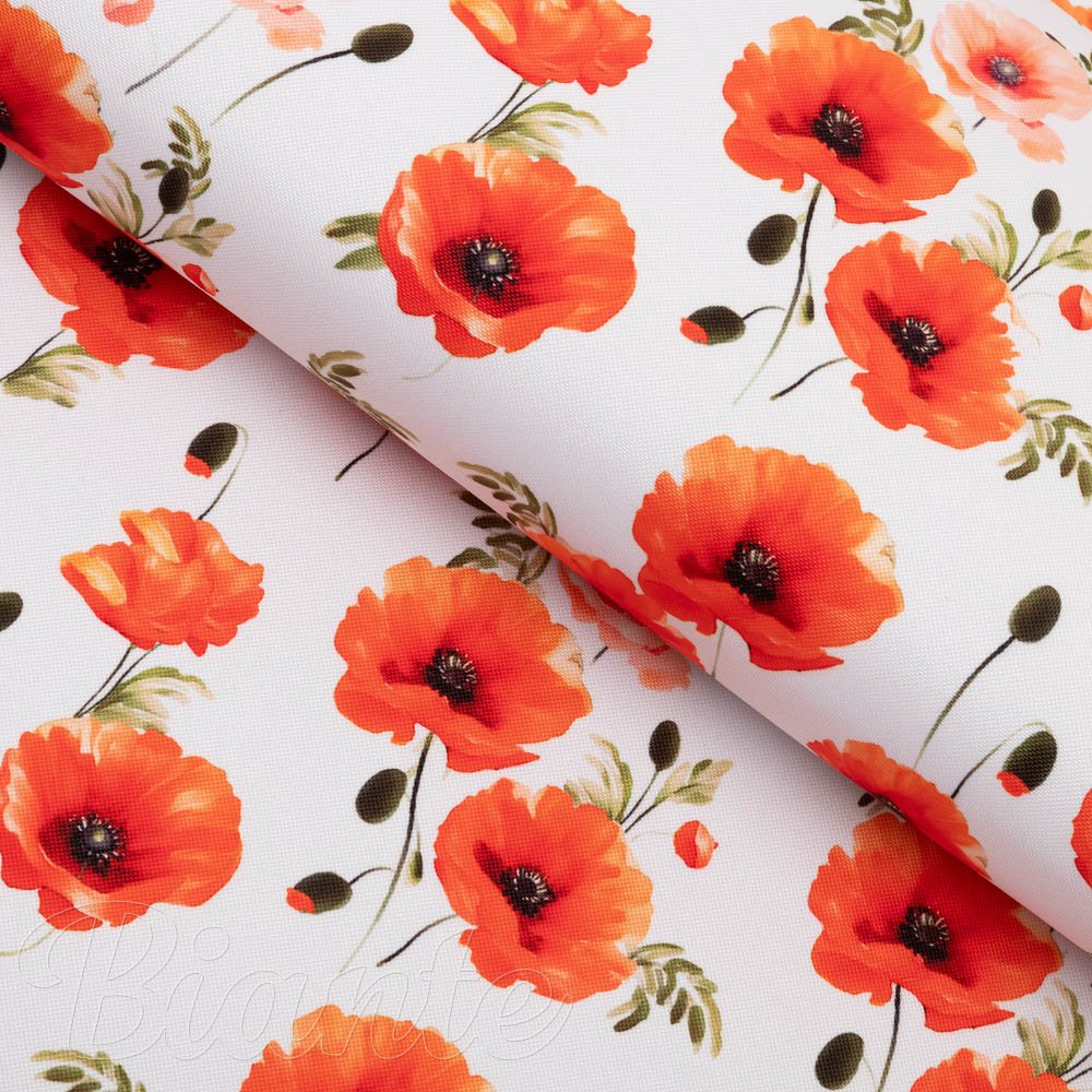 Teflonová látka na ubrusy TF-133 Červenooranžové vlčí máky na bílém - šířka 145 cm - Biante.cz
