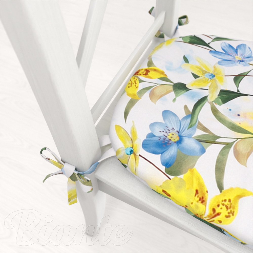Teflonový oblý podsedák TF-081 Žluto-modré lilie na bílém - 39x37x3 cm - detail 1 - Biante.cz