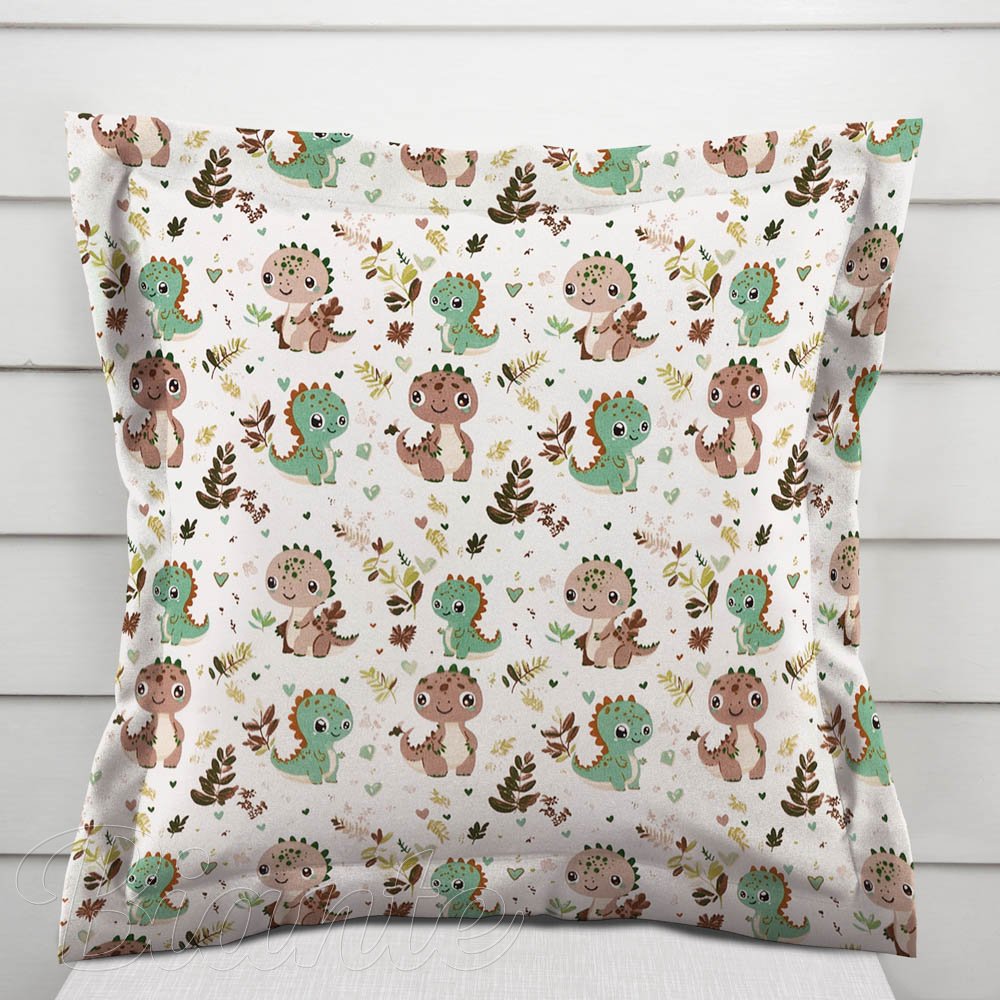 Dětský bavlněný povlak na polštář s lemem Sandra SA-657 Zeleno-hnědí dinosauříci na bílém - Biante.cz