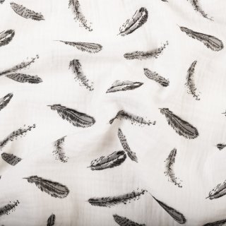 Mušelín dvojitá gázovina MSN-074 Černošedá peříčka na krémově bílém - metráž šířka 140 cm - detail 3 - Biante.cz Mušelín dvojitá gázovina MSN-074 Černošedá peříčka na krémově bílém - metráž šířka 140 cm - detail 3 - Biante.cz