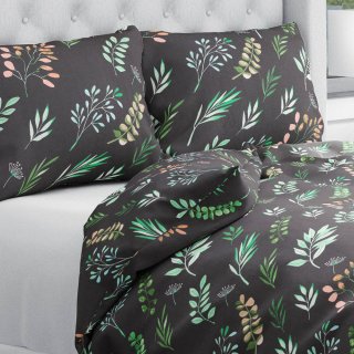 Bavlněné ložní povlečení Sandra SA-556 Větvičky s lístky na černém - Biante.cz