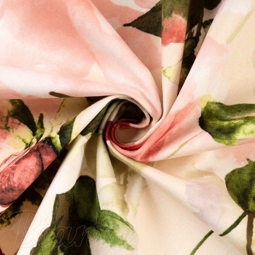 Zamatová látka Tamara TMR-051 Abstraktné červené kvety na žltobéžovom - šírka 150 cm - detail 2 - Biante.sk