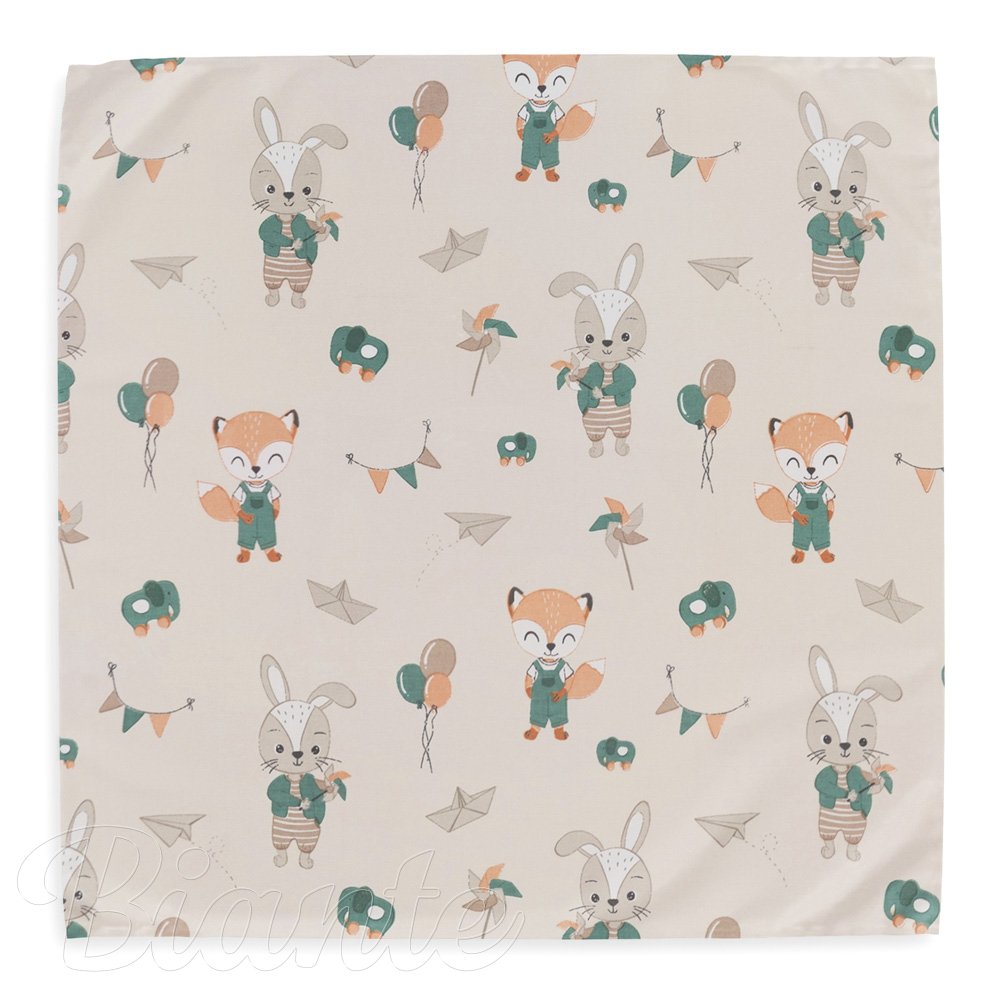 Dětský bavlněný šátek Sandra SA-701 Zajíčci a lišky s balónky - zelené na světle béžovém - detail 2 - Biante.cz