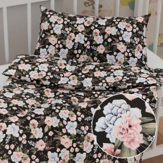 Detské bavlnené posteľné obliečky do postieľky Sandra SA-449 Modro-ružové kvety na čiernom - Biante.sk