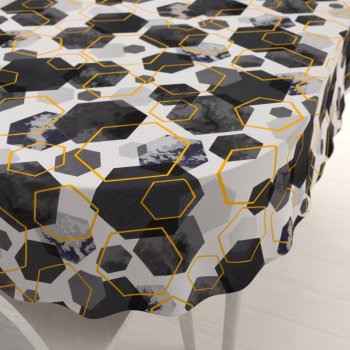Bavlněný oválný ubrus Sandra SA-568 Šedo-modrofialové mramorové hexagony na bílém - Biante.cz