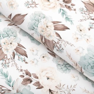 Bavlněná látka/plátno Sandra SA-451 Žluto-hnědo-mintové růže na bílém - šířka 160 cm - Biante.cz