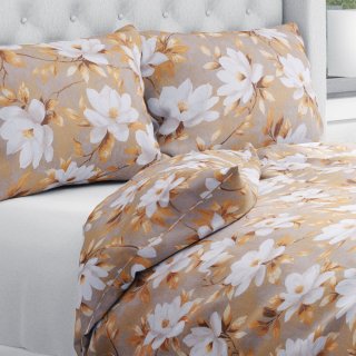 Bavlněné ložní povlečení Sandra SA-717 Bílé květy magnolie na hnědošedém - Biante.cz