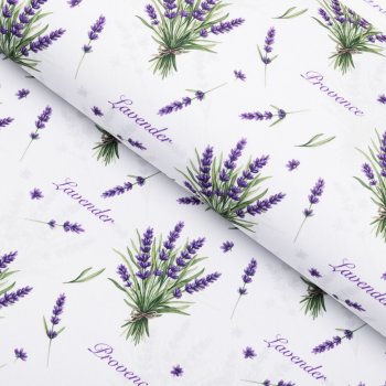 Dekorační látka Rongo RGP-508 Snítky levandulí Provence na bílém - šířka 155 cm