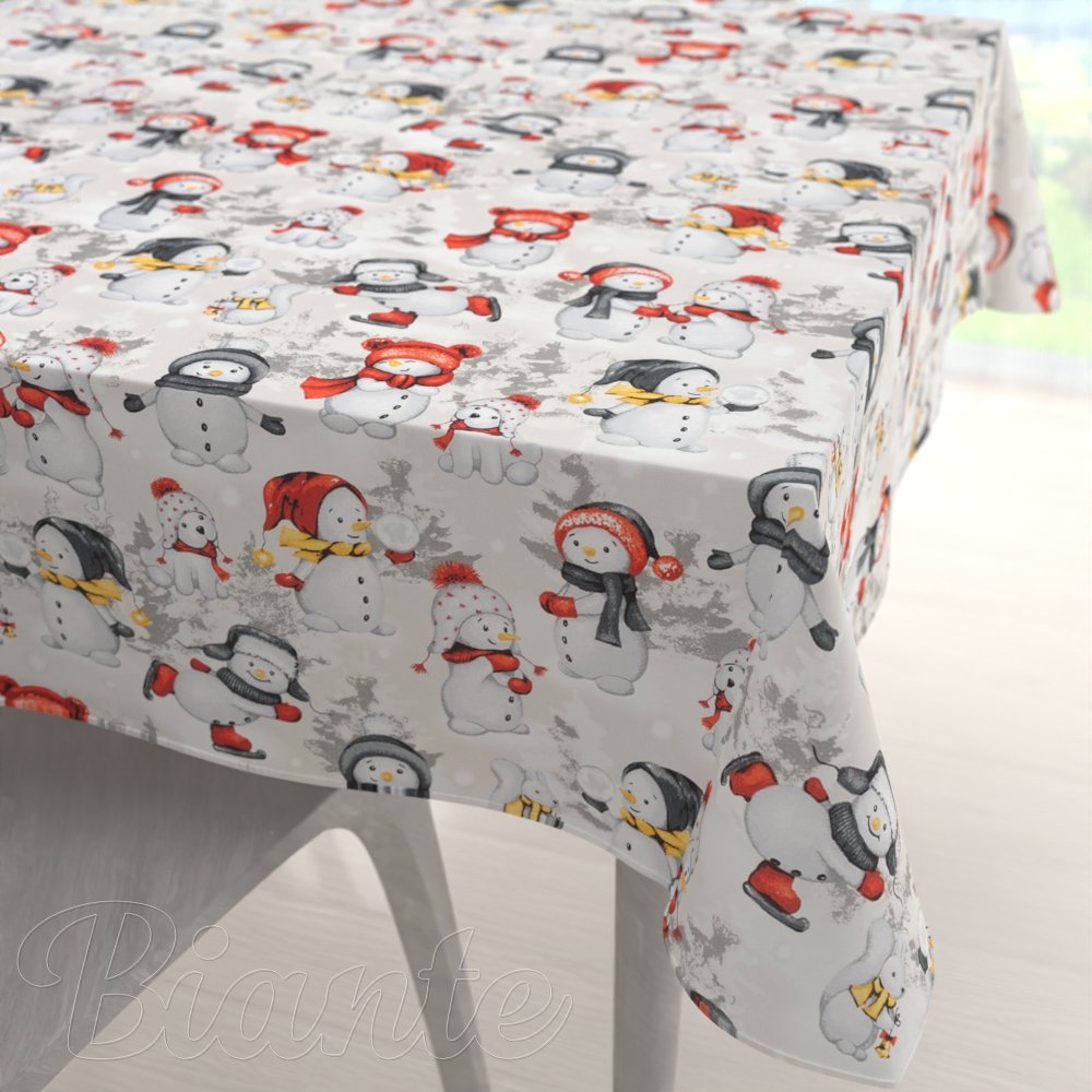 Bavlněný čtvercový ubrus Sandra SA-661 Sněhuláci na světle šedém - Biante.cz