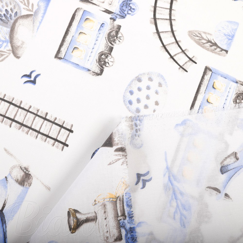 Dětská bavlněná látka/plátno Sandra SA-690 Modré vláčky s letadýlky na bílém - šířka 160 cm - detail 4 - Biante.cz