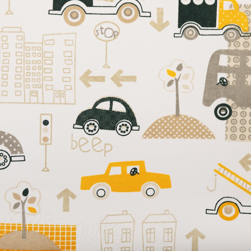 Dětská bavlněná látka/plátno Sandra SA-672 Žlutá a šedohnědá auta ve městě na bílém - šířka 160 cm - detail 5 - Biante.cz