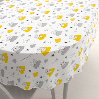 Dětský bavlněný oválný ubrus Sandra SA-725 Medvídci na žluto-šedých mráčcích na bílém - Biante.cz