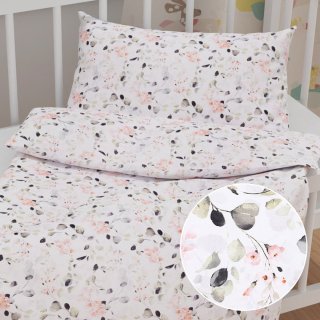 Detské bavlnené posteľné obliečky do postieľky Sandra SA-288 Eukalyptus s ružovými kvetmi na bielom - Biante.sk