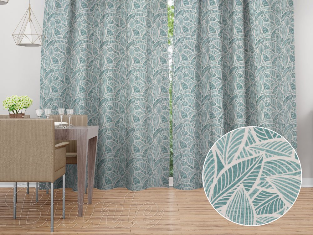 Dekorační závěs Leona LN-166 Bílé listy na modrozeleném - šířka 270 cm - Biante.cz