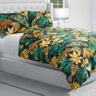 Bavlněné ložní povlečení Sandra SA-603 Zeleno-zlaté tropické listy na černém - detail 1 - Biante.cz