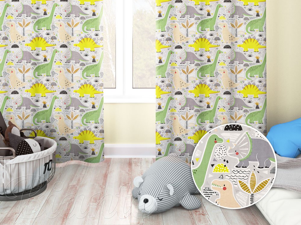 Dětský bavlněný závěs Sandra SA-564 Dinosauři a brontosauři na šedém - Biante.cz