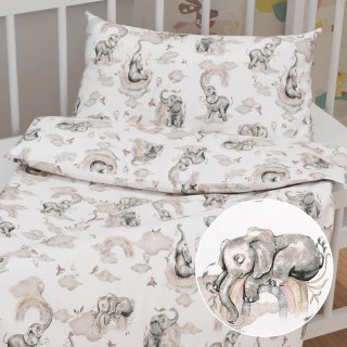 Dětské bavlněné povlečení do postýlky Sandra SA-462 Sloni s šedohnědou duhou na bílém - Biante.cz