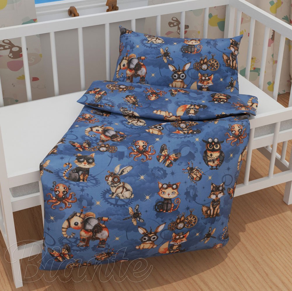Dětské bavlněné povlečení do postýlky Sandra SA-581 Zvířátka vynálezci na modrém - detail 1 - Biante.cz