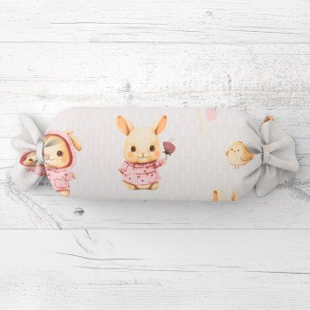 Dětský polštář válec bonbon Sandra SA-538 Růžoví zajíčci a ptáčci na bílém - Biante.cz