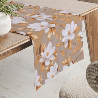 Bavlněný běhoun na stůl Sandra SA-717 Bílé květy magnolie na hnědošedém - Biante.cz Bavlněný běhoun na stůl Sandra SA-717 Bílé květy magnolie na hnědošedém - Biante.cz