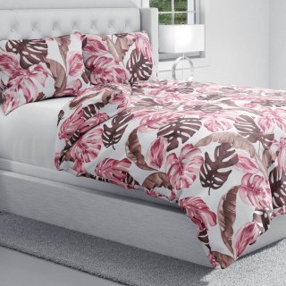 Bavlněné ložní povlečení Sandra SA-227 Hnědé a starorůžové tropické listy na bílém - detail 1 - Biante.cz