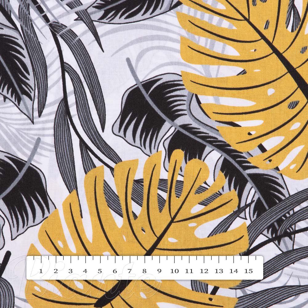 Bavlněná látka/plátno Sandra SA-177 Okrové a šedé tropické listy - šířka 160 cm - detail 2 - Biante.cz
