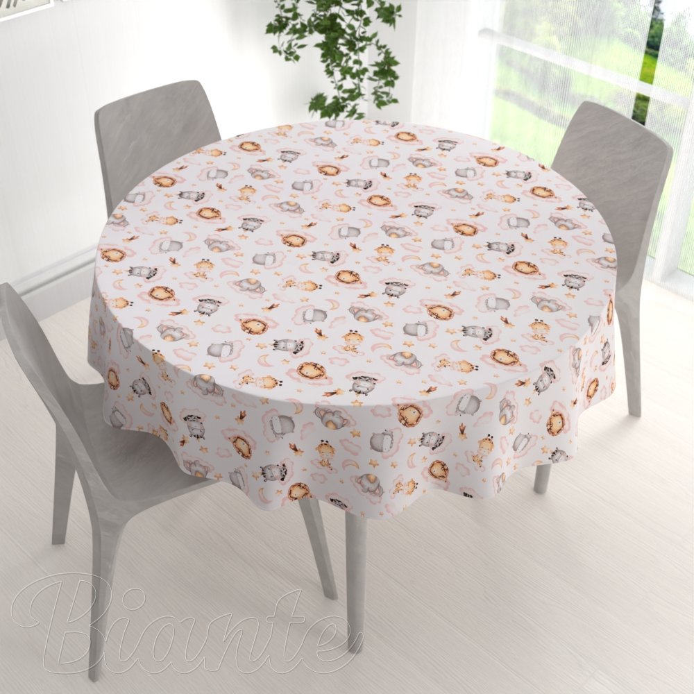 Dětský bavlněný kulatý ubrus Sandra SA-658 Africká zvířátka na růžových obláčcích na bílém - detail 1 - Biante.cz