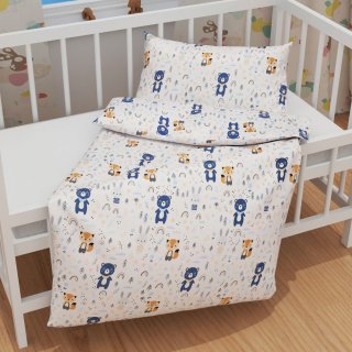 Dětské bavlněné povlečení do postýlky Sandra SA-595 Modro-béžová lesní zvířátka na bílém - detail 1 - Biante.cz