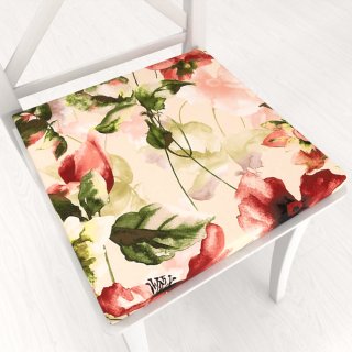 Zamatový štvorcový podsedák Tamara TMR-051 Abstraktné červené kvety na žltobéžovom - 38x38x3 cm - Biante.sk