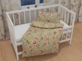 Dětské bavlněné povlečení do postýlky Sandra SA-472 Hnědé květy magnolie na zeleném - detail 1 - Biante.cz Dětské bavlněné povlečení do postýlky Sandra SA-472 Hnědé květy magnolie na zeleném - detail 1 - Biante.cz