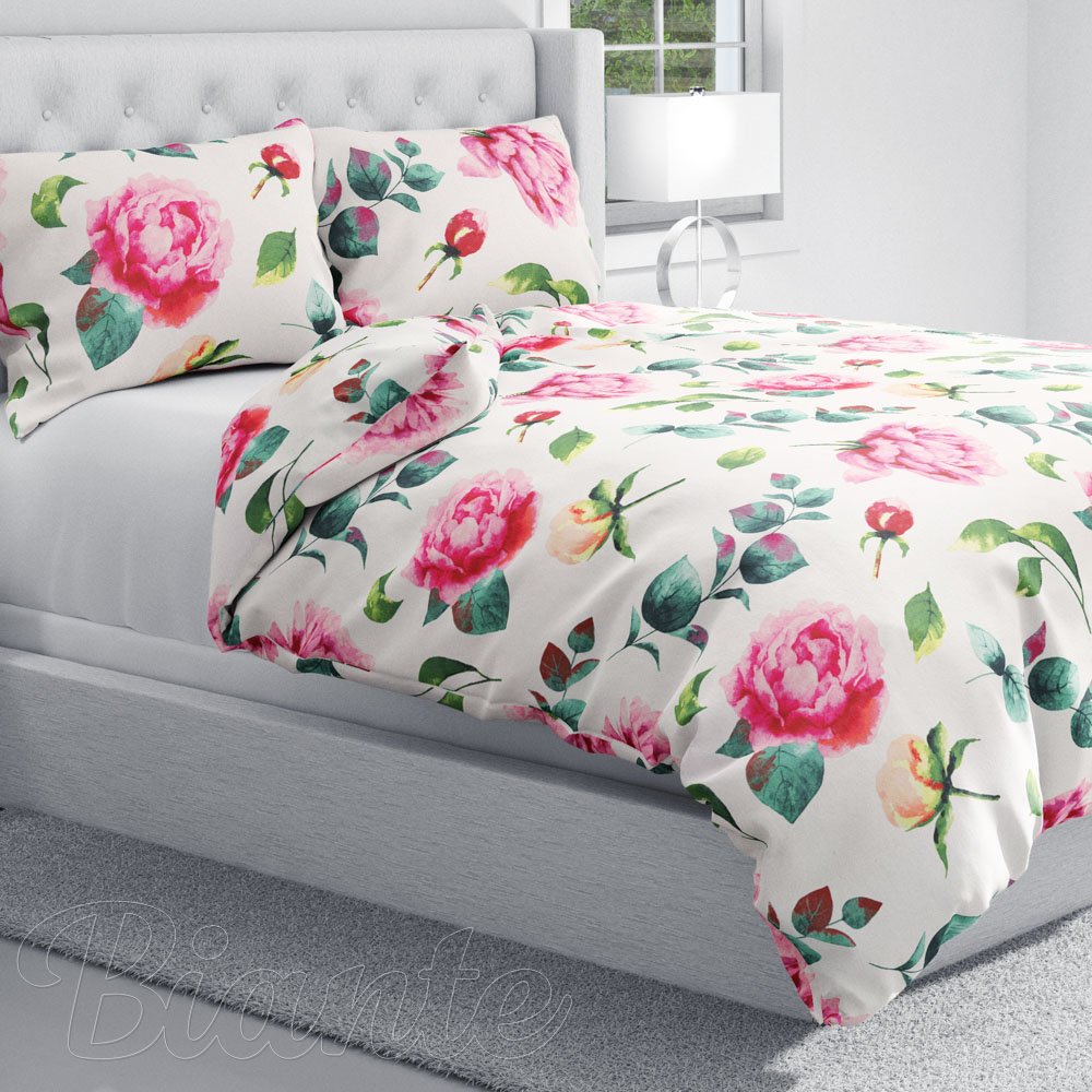 Bavlněné ložní povlečení Sandra SA-715 Velké růžovočervené pivoňky na smetanovém - detail 1 - Biante.cz