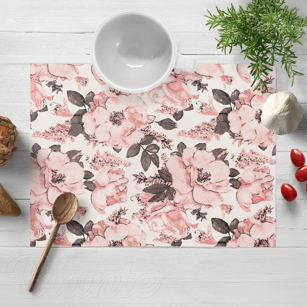 Bavlněné prostírání na stůl Sandra SA-549 Růžové růže a poupata na bílém - Biante.cz