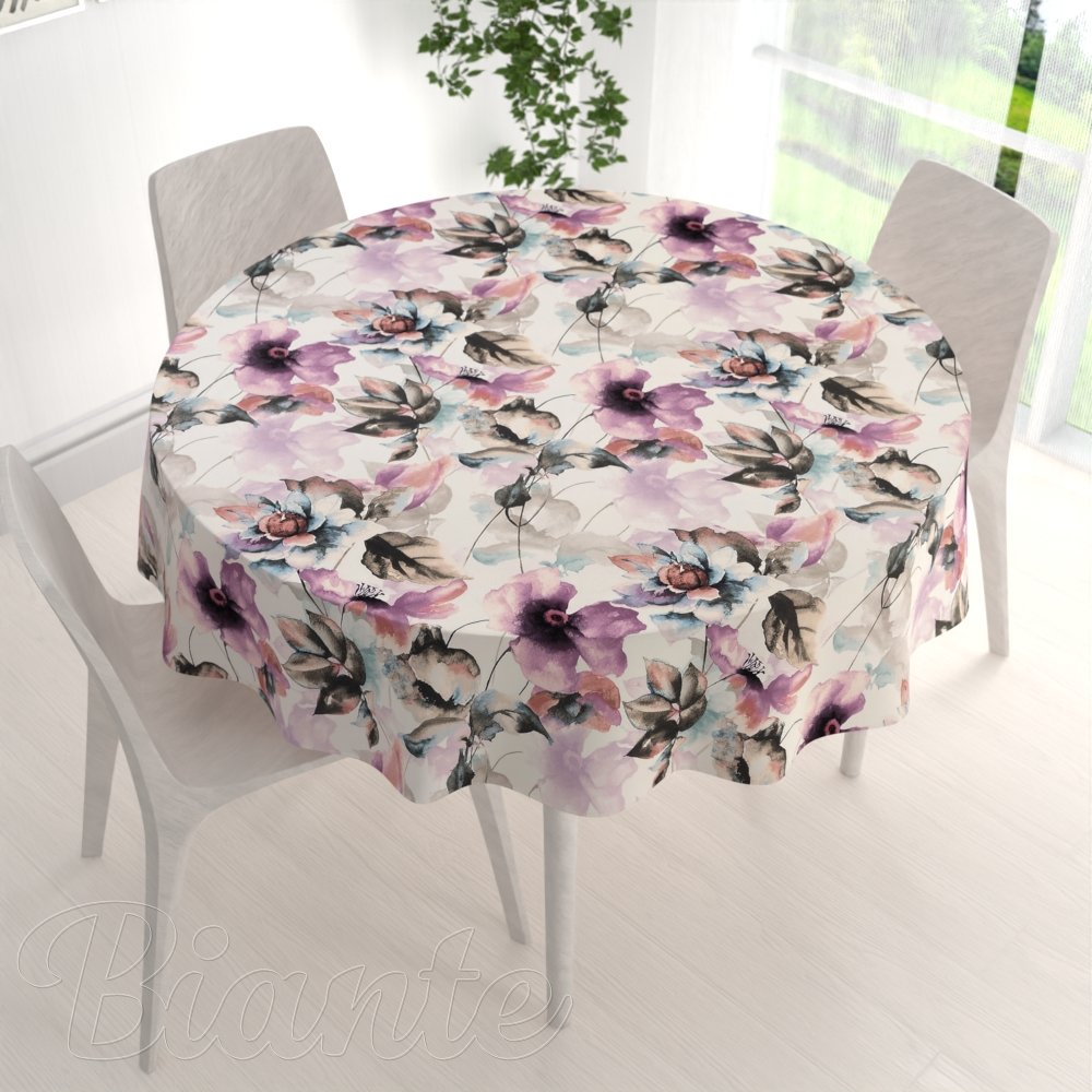 Sametový kulatý ubrus Tamara TMR-050 Abstraktní fialové květiny na smetanovém - detail 1 - Biante.cz