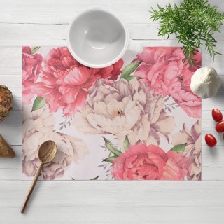 Bavlněné prostírání na stůl Sandra SA-746 Velké růžovo-béžové pivoňky na bílém - Biante.cz