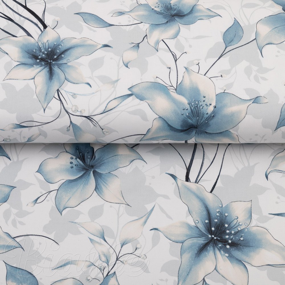 Bavlněná látka/plátno Sandra SA-737 Modro-šedé květy vanilky na bílém - šířka 160 cm - detail 2 - Biante.cz