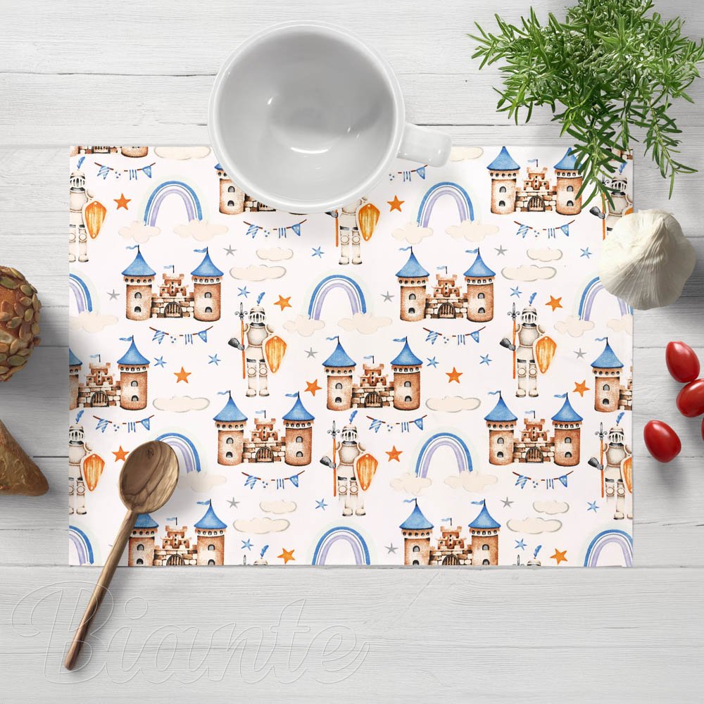 Dětské bavlněné prostírání na stůl Sandra SA-666 Modro-hnědé hrady a rytíři na bílém - Biante.cz