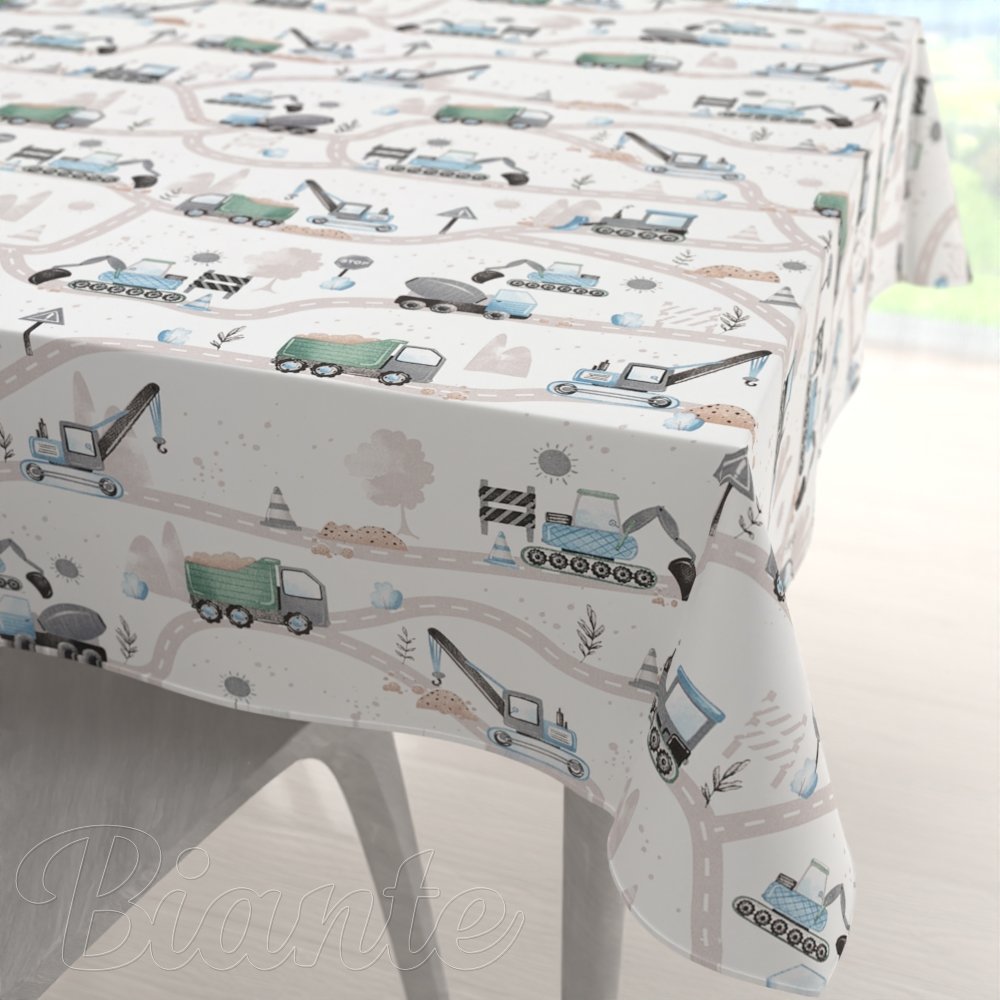 Dětský bavlněný čtvercový ubrus Sandra SA-687 Modro-zelená auta a bagry na bílém - Biante.cz