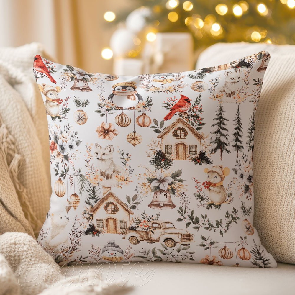 Bavlněný povlak na polštář Sandra SA-709 Zimní pohádka zeleno-hnědá na bílém - Biante.cz