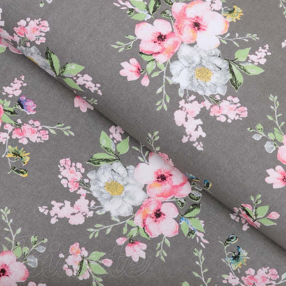 Bavlněná látka/plátno Sandra SA-553 Růžové květiny na šedém - šířka 160 cm - Biante.cz