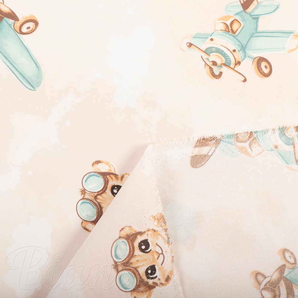 Dětská bavlněná látka/plátno Sandra SA-686 Lvíčata s letadýlky na světle béžovém - šířka 160 cm - detail 4 - Biante.cz